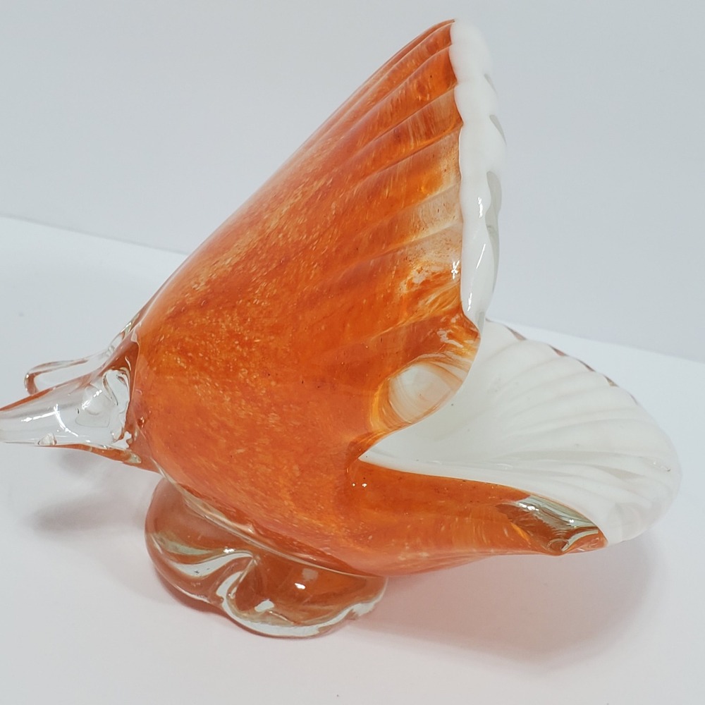 Hand Blown  Art Glass Clam Shell Bowl Orange Coastal  Decor